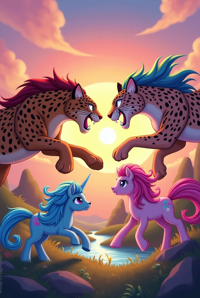 Make a cartoon of a war between jaguars and ponies in the style of My Little Pony