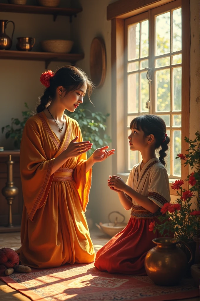 A mother is shown instructing her daughter on marital expectations, in a domestic environment that conveys warmth and structure. In the scene, Symbols of cleanliness and purity are highlighted, like jugs of water and flowers, surrounding the young woman, while the mother uses gentle but firm gestures to impart wisdom. The space could include objects such as looms, indicating readiness for household chores.
