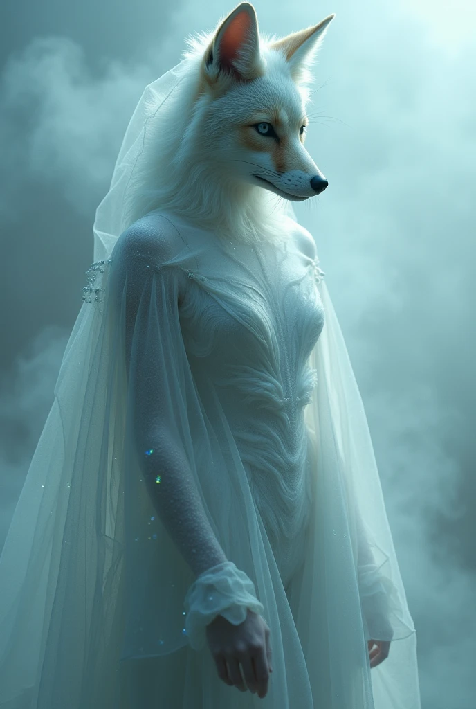 Mysterious fog, Clothing Made of Mist, Holographic Internal Reflections, Diffusion of Fine Shine, The Enchanting Fusion of the Fox and Feminine Aesthetics, Wear Magical Fog as a Costume, Mysterious fogの質感の服, Absurd aesthetics, 前面をMysterious fogで覆う, Semi-Transparent Full Color Silhouette, Layer a Thick Layer of Fog in Front of the Subject, Subject Cloaked in Fog, The Ultimate Enigma