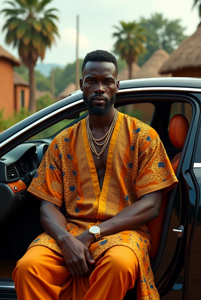 Generate an image of a dark black African man from the city wearing an African wear inside a posh car infront of a village building a village setting with a young curvy dark black lady approaching him
