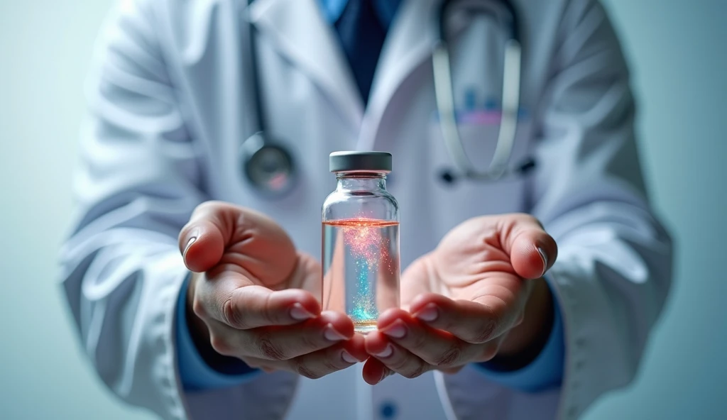 Illustration of a new, innovative measles vaccine vial. The vial is transparent, showcasing a vibrant liquid with a subtle shimmer, representing the fortified nature of the product. The background depicts a doctor holding the vial, conveying a sense of trust and medical expertise.