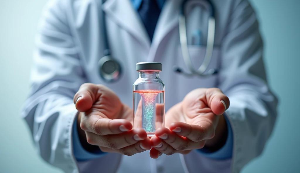 Illustration of a new, innovative measles vaccine vial. The vial is transparent, showcasing a vibrant liquid with a subtle shimmer, representing the fortified nature of the product. The background depicts a doctor holding the vial, conveying a sense of trust and medical expertise.