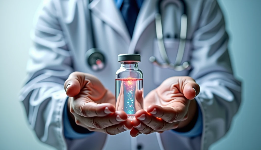 Illustration of a new, innovative measles vaccine vial. The vial is transparent, showcasing a vibrant liquid with a subtle shimmer, representing the fortified nature of the product. The background depicts a doctor holding the vial, conveying a sense of trust and medical expertise.