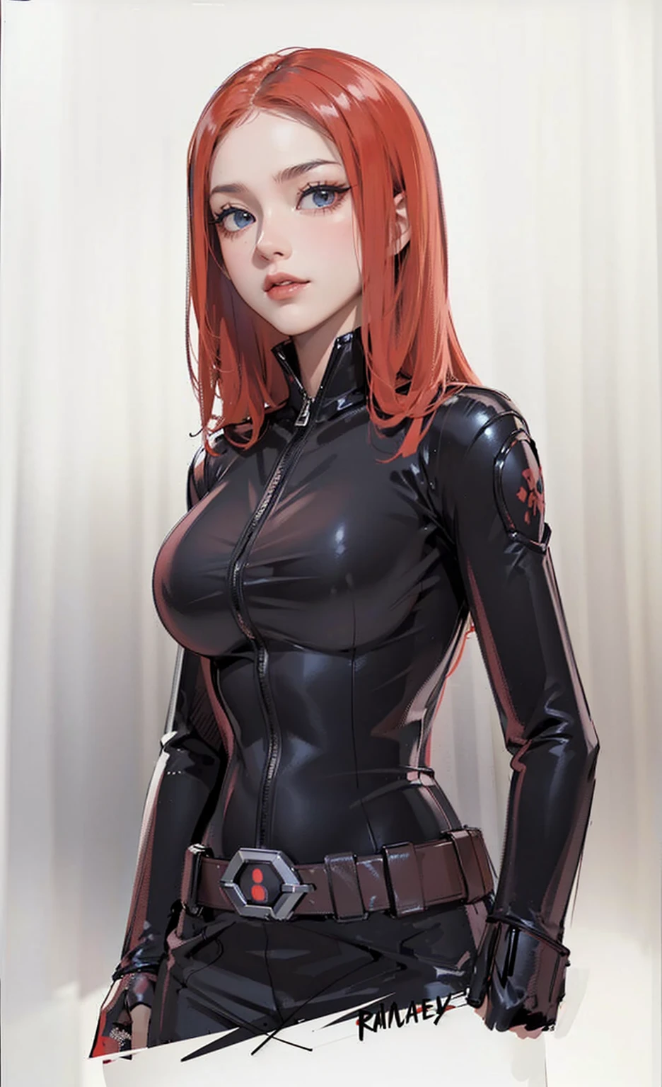 The image depicts Black Widow. She is illustrated with bright red, shoulder-length hair and blue eyes, and is clad in a sleek skin-tight shiny black latex bodysuit with a black silver zipper running down the front. The suit is complemented by her shiny iron wrist guard on both wrists and a metal belt with a buckle that features a red hourglass mark. Her gaze is intent and directed off-screen, implying alertness and focus on an unseen threat or target. She appears with a cute smile on her face. The atmosphere of the image conveys confidence and resilience, characteristics synonymous with the Black Widow persona. The background of the image is an off-white color, which creates a subdued and timeless ambiance.