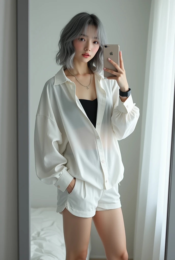 highly detailed, beautiful, hyper Realistic girl, masterpiece, best quality, Depict a mysterious and sophisticated beautiful Japanese gravure model,, 18-years-old, identity hidden, all body shot, / gray arranged hair, small head, Detailed face, cute and Pretty slim face, wide Duck mouth, perfect beautiful Tooth, arranged gray hair, shiny eyes, blue-colored eyes, Realistic skin, Detailed face, // standing, model posing, / This fall fashion look emphasizes a relaxed yet polished style. The oversized white shirt drapes loosely over the body, creating an effortless, airy silhouette that contrasts nicely with the fitted black Halterneck top underneath. The shirt’s exaggerated proportions add a sense of ease and movement, perfect for layering as the weather cools. The white drawstring shorts maintain the casual vibe while keeping the look cohesive and fresh. Paired with black open-toe heeled boots, the outfit balances comfort with a touch of elegance. A small black chain bag and a simple silver necklace subtly elevate the minimalist, modern aesthetic, //// simple white single room, gray frame mirror, complicated background /// takes a selfie in her room using a smartphone in front of a mirror with one hand, standing and sexy Posing, all body below shot, focus shoes, looking away from the camera,