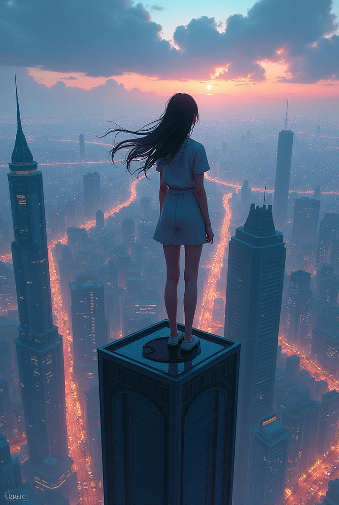 A girl on top of the building watching the city
