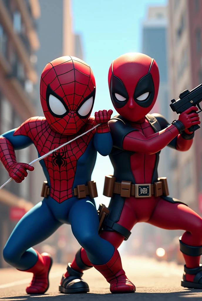 Spider-Man and Deadpool stand together in an animated pose: O Homem-Aranha, with his classic red and blue outfit, is in an action pose while shooting webs, e Deadpool, with his red and black outfit, is standing next to you grimacing and holding a gun. The scene is full of energy and fun, with a vibrant city in the background.