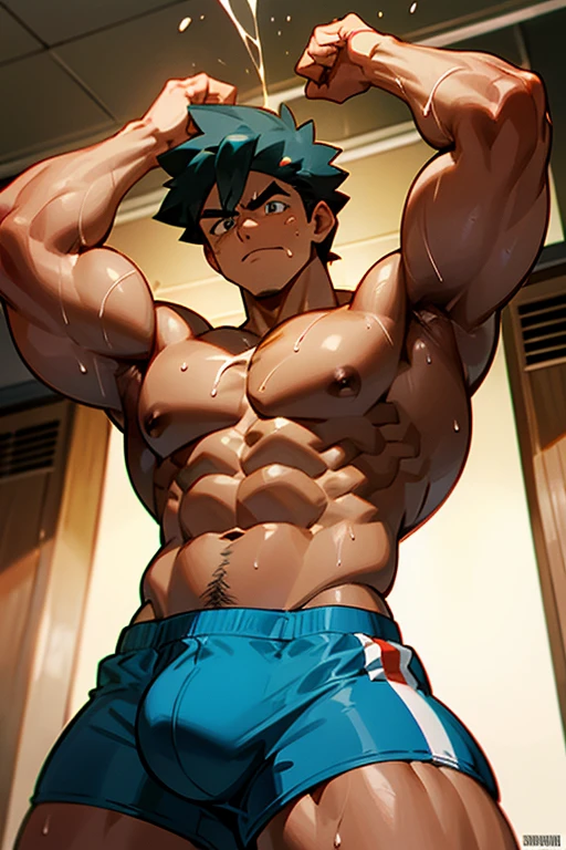 Ash Ketchum and Gary Oak from Pokémon anime as a big dumb age muscular bodybuilder jocks in a locker room flexing and staring blankly as their eyes glow red under hypnosis as they repeat, "Bigger... Dumber.... Must obey.... More like a jock bro every day.... Yes, Coach. I obey. Huhuhuhuh.... Sweaty brutes must obey.... Sweaty brutes do what you say.... Big ... sweaty ... musky jock bro.... Huhuhuhuh...." in deep mindless emotionless voice with fellow hypnotized jocks to forget about Pokémon training and focus instead on training their own bodies and obeying their coach. Mouths dropped open. Hyper swollen bulging crotches. Hyper muscles. Toned muscles. 5% body fat. Steam rising from armpits and shoulders. Big biceps. Big triceps. Broad shoulders. Big traps. Big lats. Big meaty pecs. Massive deltoids. Six-pack abs. Spherical glutes. Brainwashing. Hypnosis. Hypnotized. Bro. IQ drain. Dumber and dumber. Meathead. Musclehead. Mindless. Hypno. Mind control. Brain drain. Entranced. Brute. Brutification. Brain drain. brainwashed. brainwash. Meathead jock bro assimilation. Mindless. Brainless. Empty stare. Hairy pecs. Hairy armpits. Treasure trail.