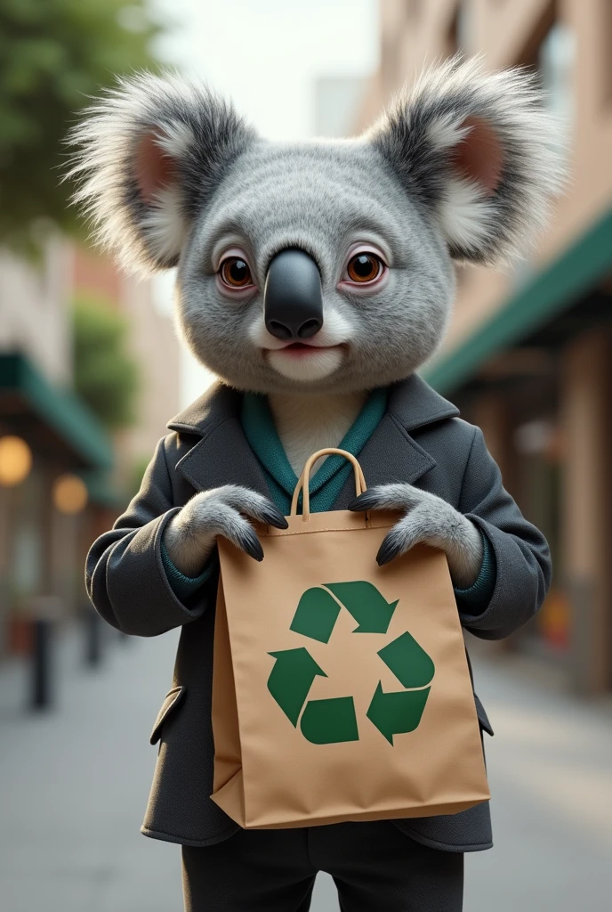 A smartly dressed koala with a recycled cloth bag and the recycling logo 

