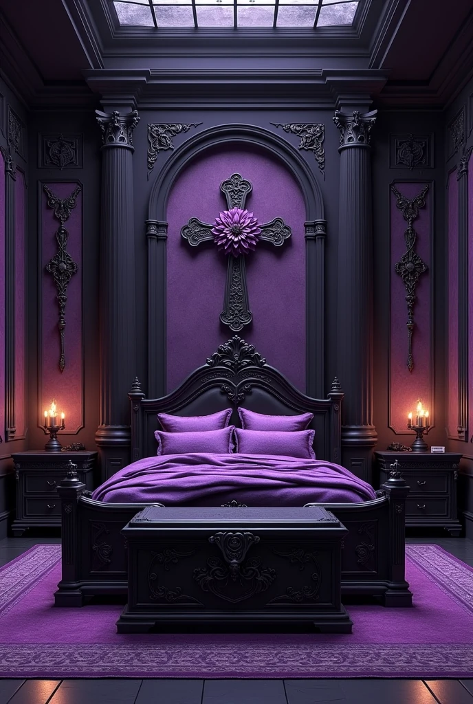 Floor plan of a Gothic themed bedroom, of the colors purple and black.  On the middle wall of the room there is a cross with a flower in the middle. a huge chest at the foot of the bed and candlesticks that illuminate the room