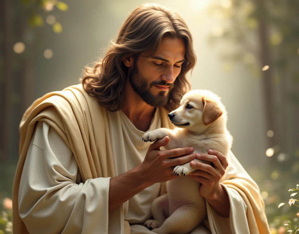 We need a high quality image of Jesus holding a puppy in both hands