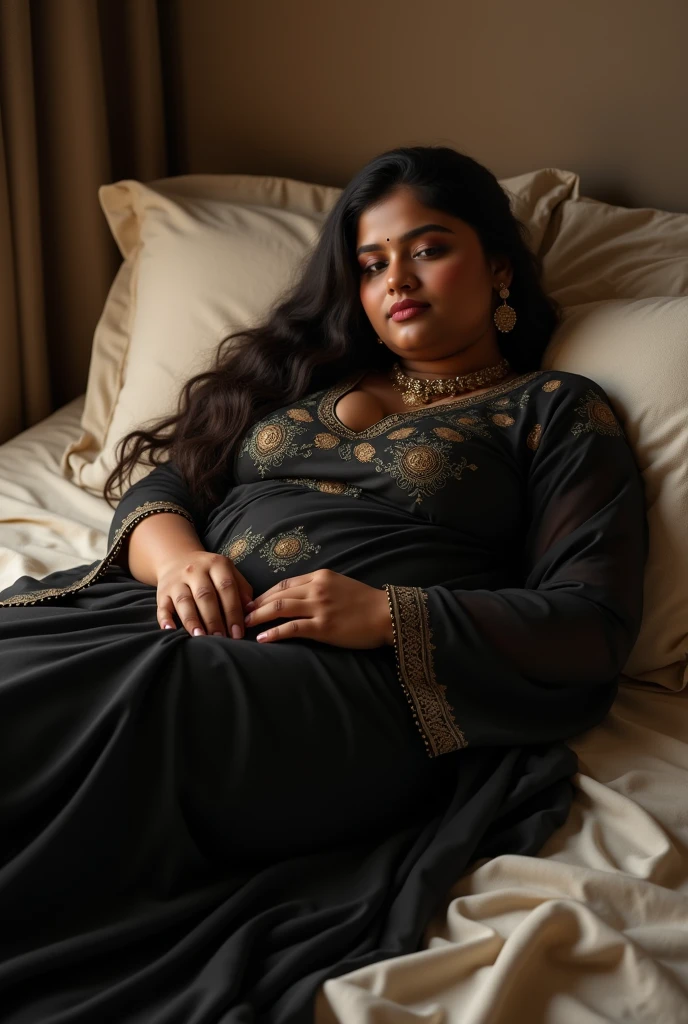  medium chubby indian women im black paavada and blouse,lying bed 