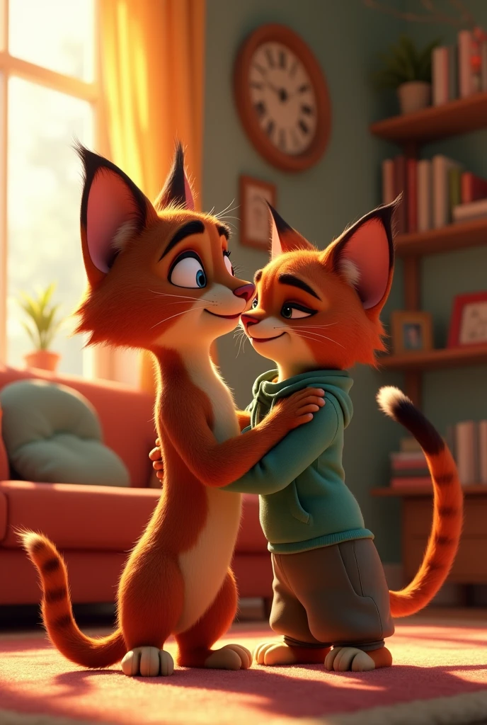 there is a cartoon cat and a woman hugging in a living room, animated movie, 3 d animated movie, animated movie still, new cats movie, animated film, in zootopia city, in style of disney animation, zootopia movie style, movie promotional image, realistic cartoon, animated movie scene, 3 d cartoon, 8 k cartoon illustration, in cartoon style