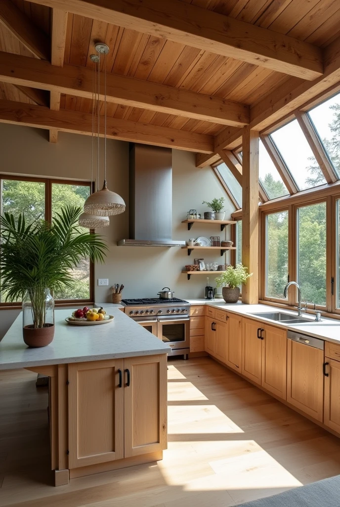 Make a kitchen that has a spacious and bright space with a modern rustic design. The ceiling covered with exposed wooden beams, which gives it a warm and natural look. There are also large skylights in the ceiling that allow natural light to enter., lighting the kitchen effectively.

The center of the kitchen features a large wooden island, which appears to be made of a sturdy material with a matte finish. About the island, There is a glass vase with a palm leaf, adding a fresh and natural touch to the space. There are also fruits or vegetables on the island, which gives a feeling of home and daily life.

It has wooden cabinets that match the ceiling beams., reinforcing the rustic style. Household appliances, like the stove and the oven, They are made of stainless steel, providing a modern and functional touch. There are open shelves on the walls, where you can see plates and other decorative objects.