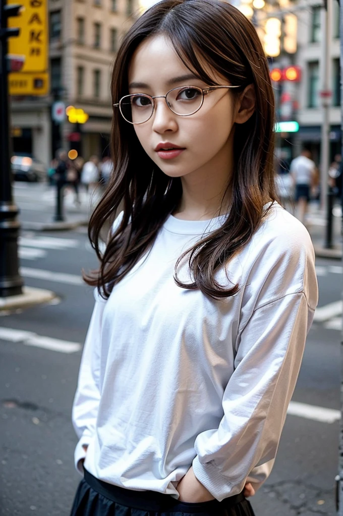 Photo of a beautiful woman standing on a street corner, (masterpiece:1.2, highest quality), (Realistic, photoRealistic:1.4), Beautiful illustrations, (Natural Side Lighting, Cinema Lighting), Written boundary depth, Beautiful thighs staring at the viewer, (((Face Focus, Upper Body))), 1 female, 30-year-old, alone, thin, slender, small breasts!!!, short hair, curly hair, Forehead, thin, slender, (((glasses))), long sleeve T-shirt, Skinny skirt, Are standing, New York 25th Street, portrait