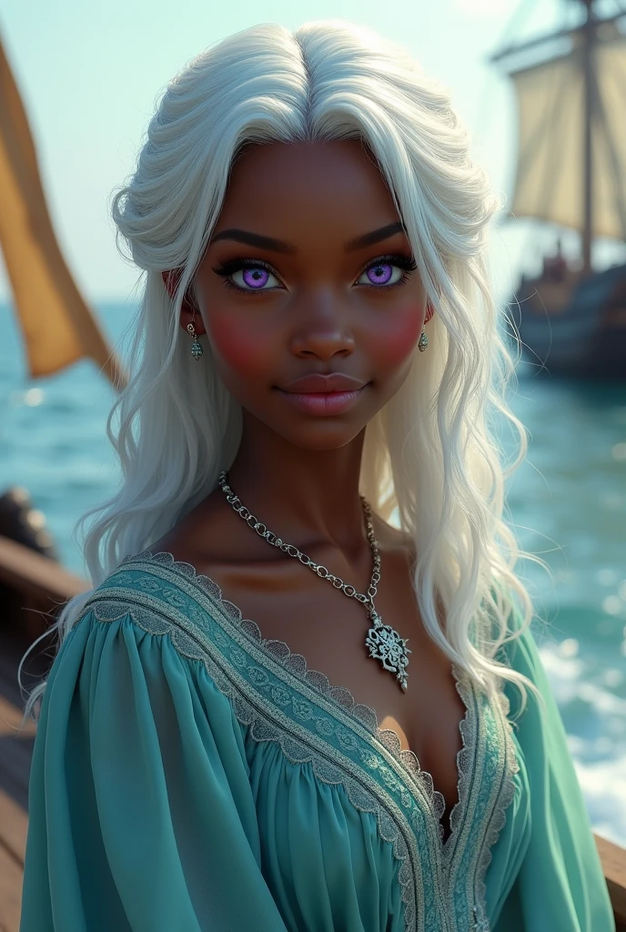 Make a young black skinned girl, very pretty with purple eyes and white hair, she is wearing a beautiful blue-green dress, she is in a medieval maritime setting