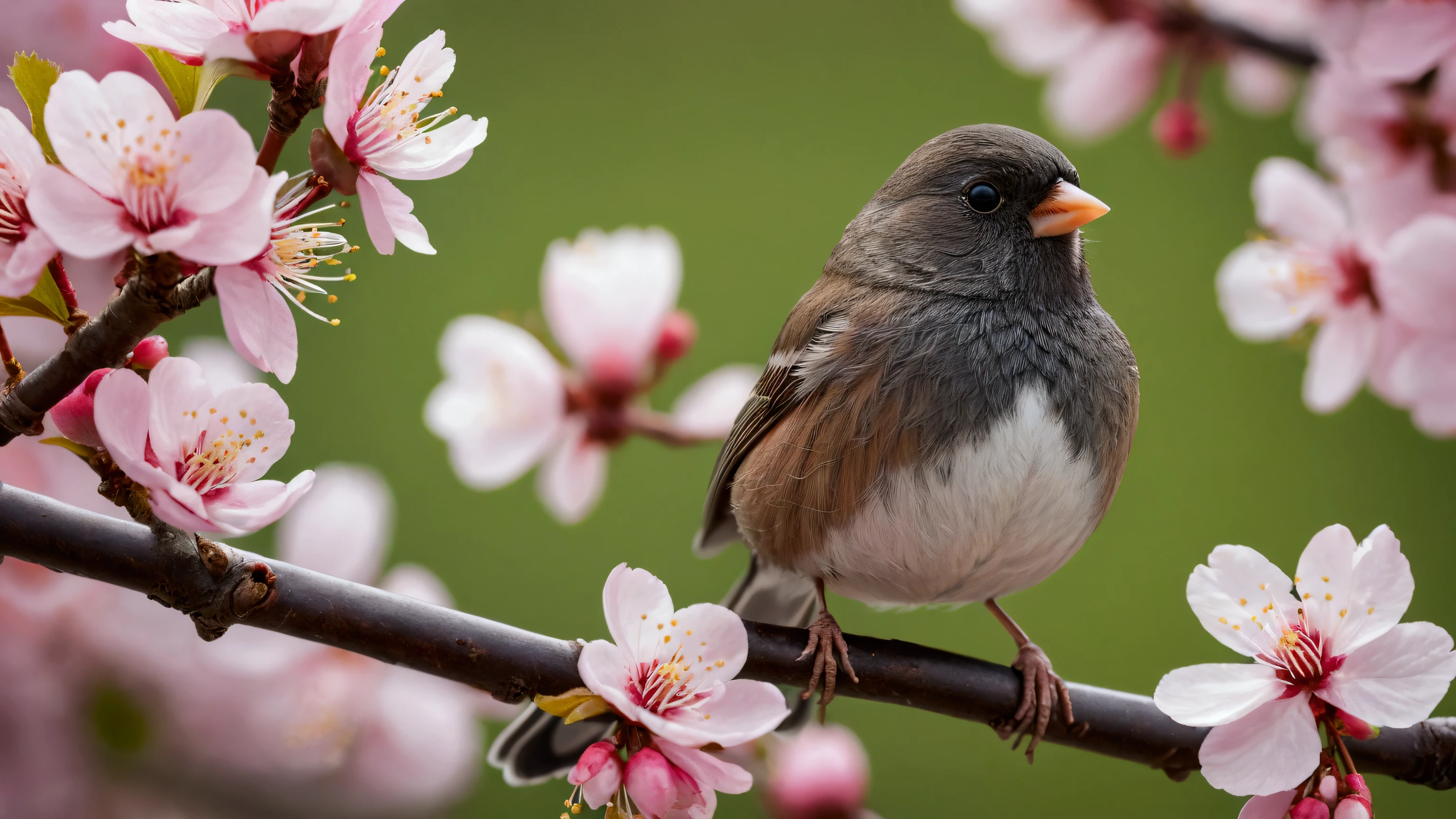 Ultra-high-definition 8K close-up photo of a Dark-eyed Junco perched gracefully on a cherry blossom branch. The bird is in a beautiful pose, surrounded by vibrant pink cherry blossoms in full bloom, with fresh green leaves just beginning to emerge.