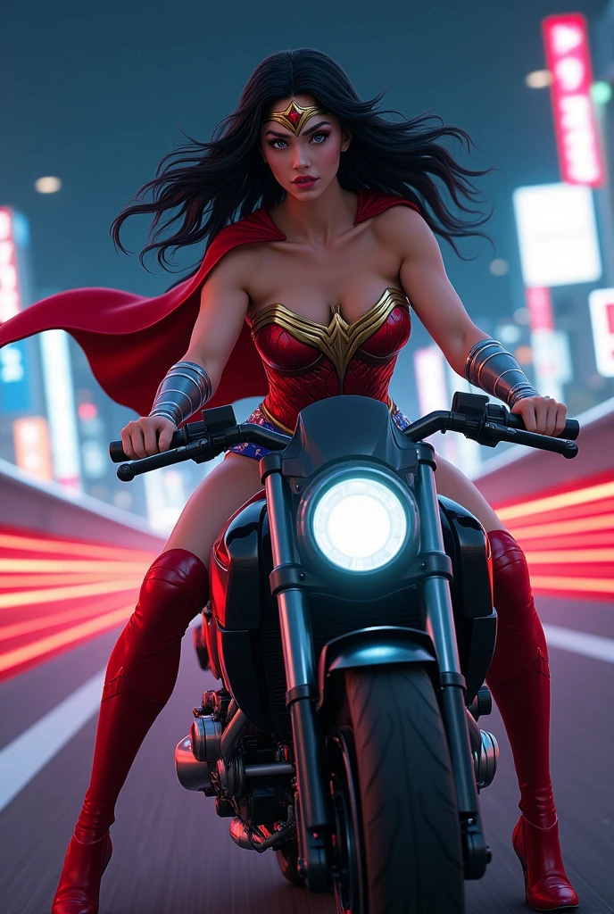(8k, Photorealistic, Raw photo, Highest quality: 1.4),a beautiful Wonder Woman in blue eyes, black hair wearing Wonder Woman's tiara, red and gold bustier, blue leotard with white stars, ((silver wrist bracelets:1.2)), ((Red knee high boots:1.2)), golden belt with athletic and muscular body with big breasts, Hair Blowing in the wind,Clear blue eyes,Long eyelashes,(The future of large motorcycles(Akira)Riding),Driving on the Metropolitan Expressway at night,View from diagonally behind,Turning around and looking at the camera.Flowing red tail lights,(Full body snapshot)