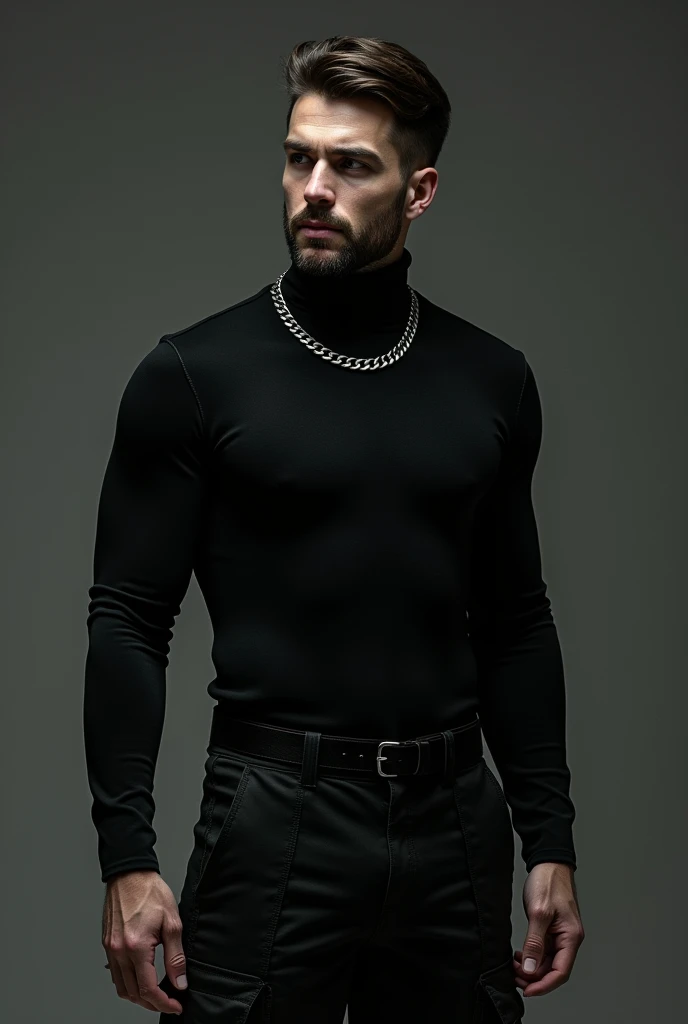 A man wear black cargo and turtle neck full sleeves tshirt and chain ring on their neck