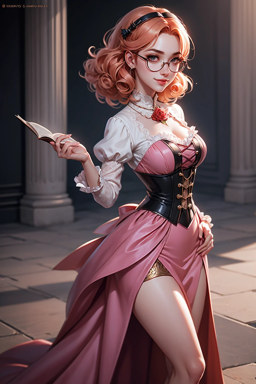 Anime girl tuxedo with curly rose gold hair and round gold glasses, rose gold eyes. Guviz style art, attractive detailed art style, Charlie Bowater Style, 1 cute anime girl, detailed manga style, detailed anime character art, germ of art. High detail, stunning manga art style. Rose dress. (pink dress) . Wearing rose gold Victorian clothing. Dancing, walking, drinking, reading, writing, lying, standing, on your back, dynamic poses, smile, closed mouth. Different Pose.