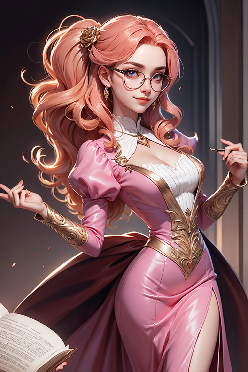 Anime girl tuxedo with curly rose gold hair and round gold glasses, rose gold eyes. Guviz style art, attractive detailed art style, Charlie Bowater Style, 1 cute anime girl, detailed manga style, detailed anime character art, germ of art. High detail, stunning manga art style. Rose dress. (pink dress) . Wearing rose gold Victorian clothing. Dancing, walking, drinking, reading, writing, lying, standing, on your back, dynamic poses, smile, closed mouth. Different Pose.