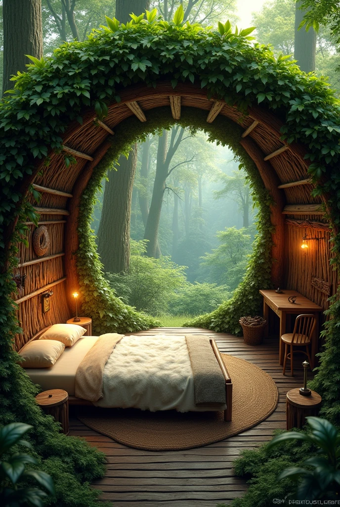 Create a realistic forest hideout image, camouflaging with plants and leaves. It should be open and round, has a roof covered with grass and leaves, wooden wall and vines. Must have a large, round bed ,with branches and a fluffy blanket, a wooden table with chairs , a small closet, hooks and nets on the wall and a small fireplace inside