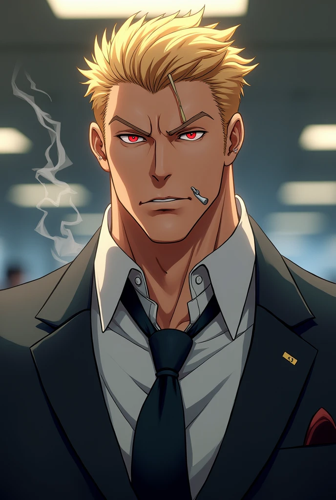 anime 3d art high quality of man with blonde hair and red eyes, muscular body, office style, in smoking, stern face, bright skin