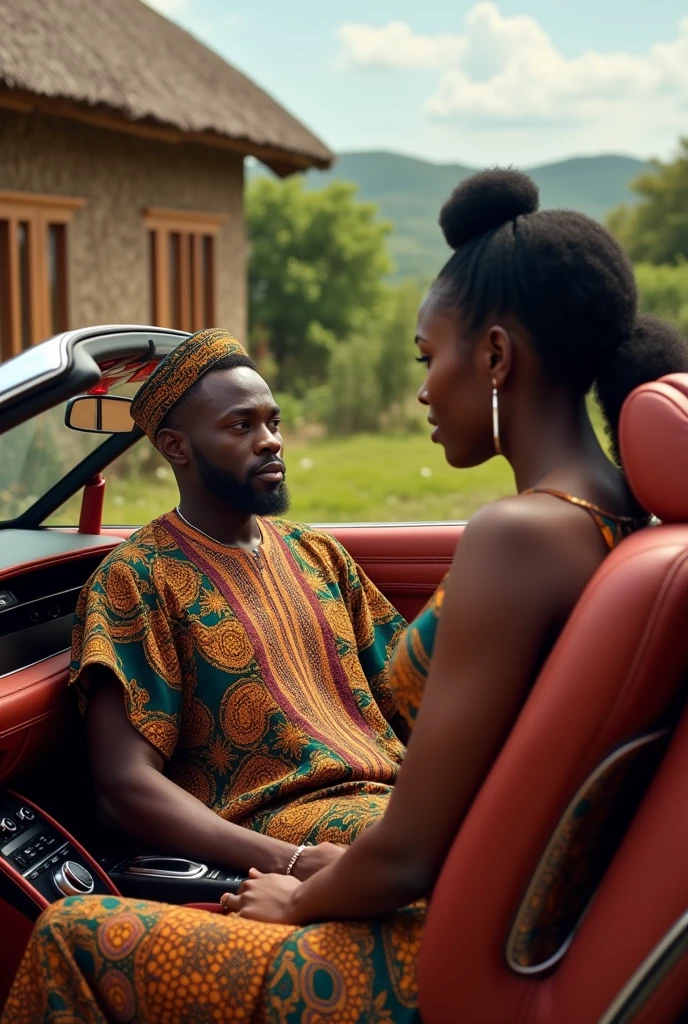 with a young curvy dark black lady approaching him Generate an image of a dark black African man from the city wearing an African wear inside a posh car infront of a village building a village setting