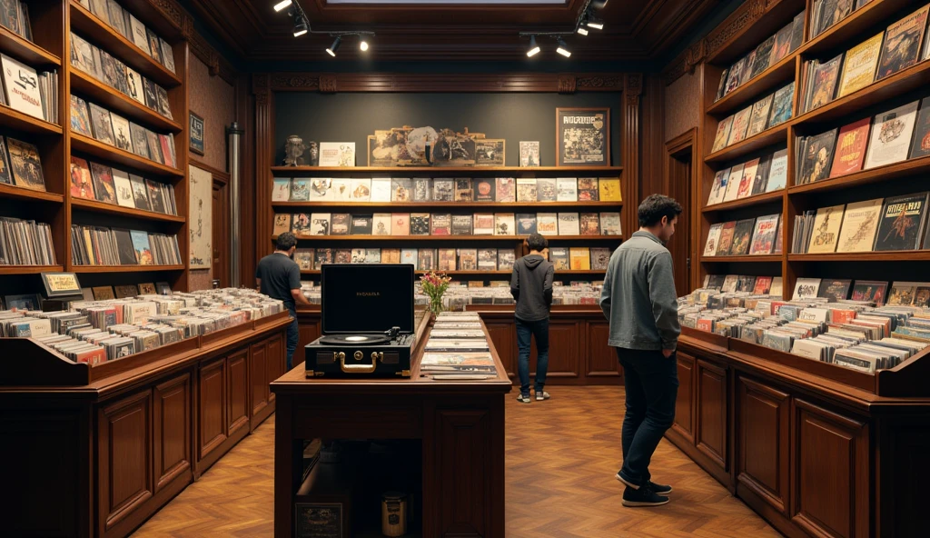 a detailed interior of a vinyl record store, elegant shelves displaying a vast collection of vinyl records, warm lighting, wooden floors, cozy atmosphere, customers browsing the selection, vinyl record player, vintage decor, record covers on the walls, (best quality,4k,8k,highres,masterpiece:1.2),ultra-detailed,(realistic,photorealistic,photo-realistic:1.37),intricate details,rich textures,warm tones,atmospheric lighting,professional photography