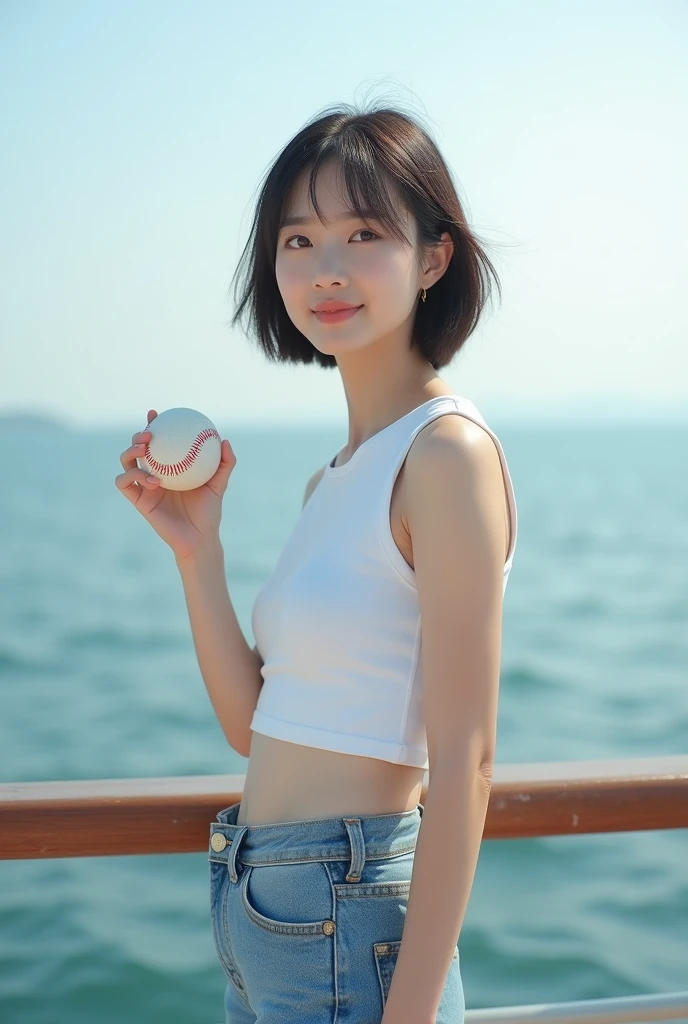 Highly realistic 8k photos, sea background, standing on a boat, Hold the baseball with one arm raised high to the side and in plain view., Korean woman, Wearing a white sleeveless top and jeans, standing face to face, Looking at the camera, short hair, A little smile,