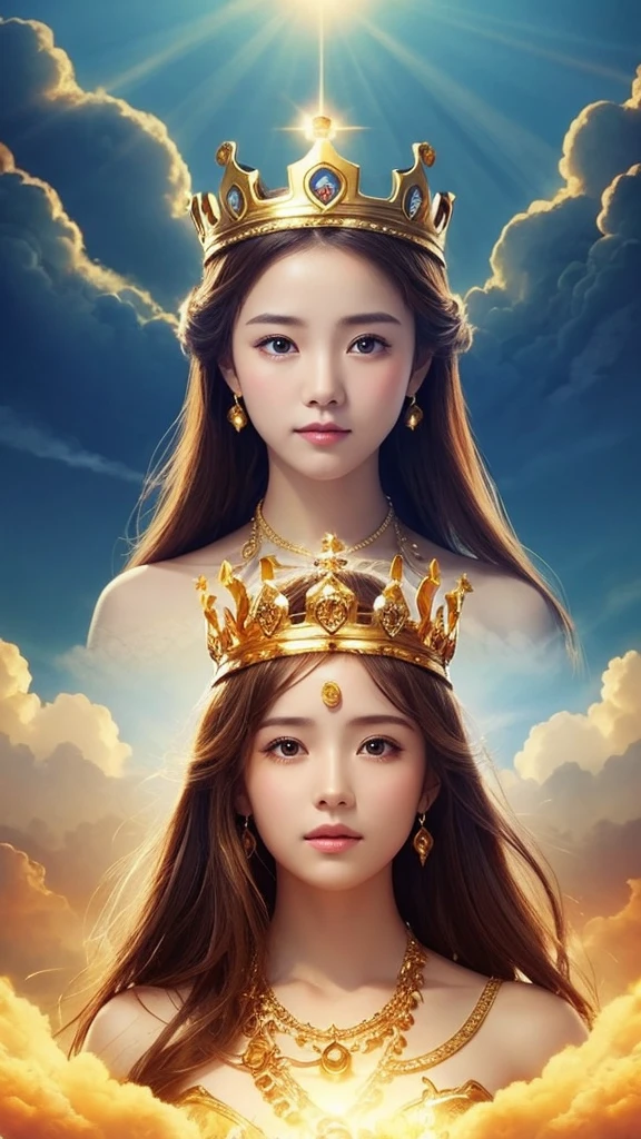 Goddess　gold　crown　Fantastic Background、Above the Clouds、There are angels all around