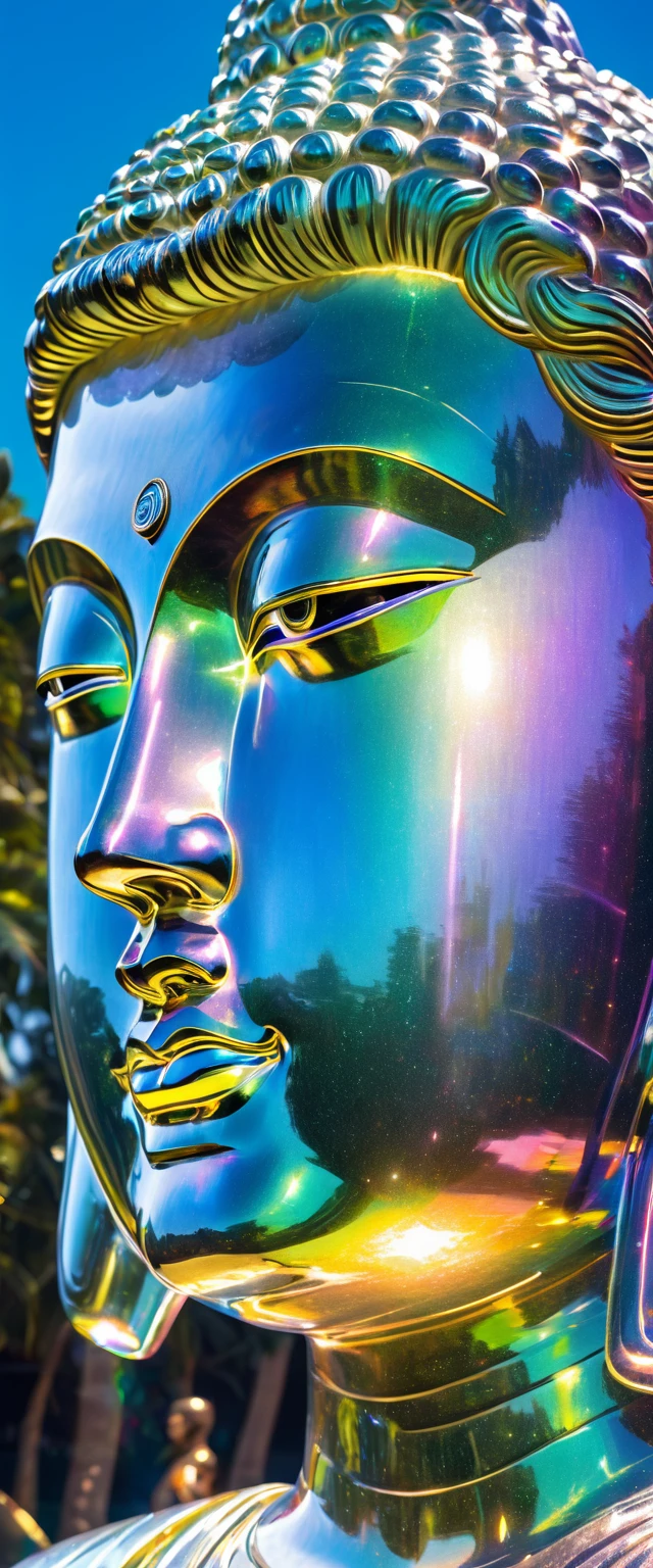 bust-up portrait, The huge transparent Buddha statue and shines iridescently in the sunlight, (ultra detailed, absolutely resolution, best quality:1.3), 2.5D, delicate and dynamic effects, iridescent glitter effects, artistic photography, hyper realistic, graphic CG digital art, conceptual installation art