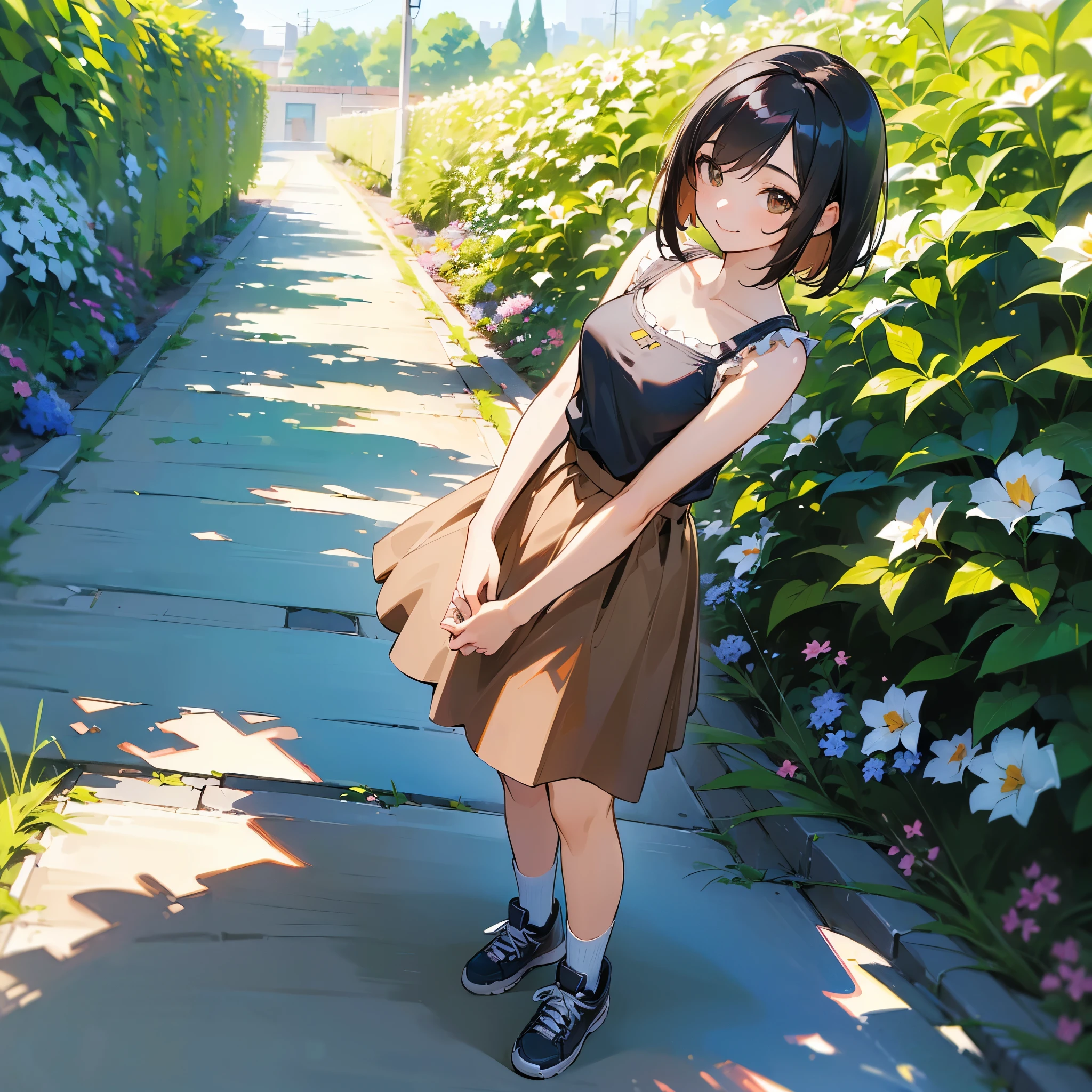 (high quality, High resolution, Very detailed, reality:1.37), Peaceful atmosphere, (Outdoor, garden), Teenage girl standing alone, (my breasts are big.), Beautiful details, Cute Smile, (Black bob hair), camisole, Brown Skirt, Blue socks, sneakers.