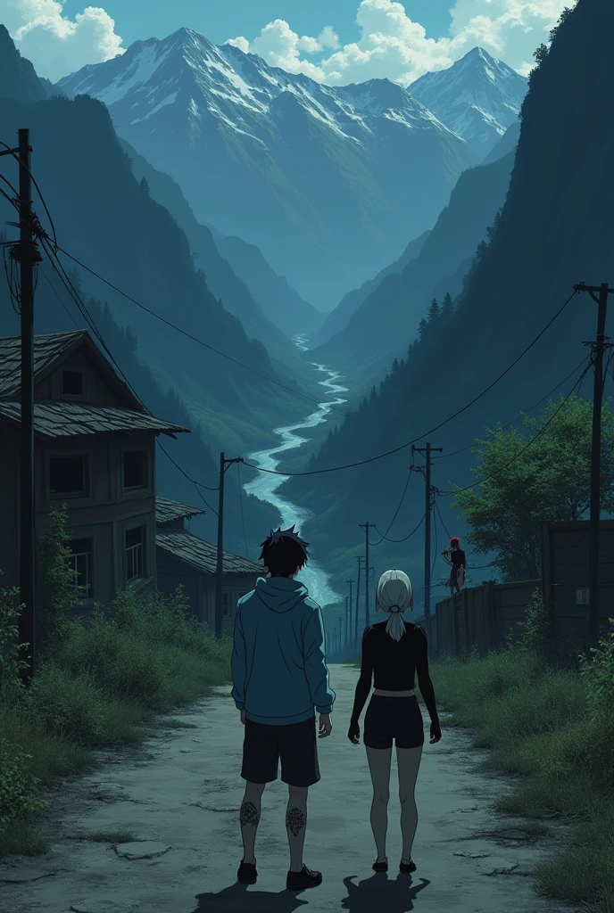 The image is anime style cowboy bebop and Darker than black with shadows and dim lights, anime style although somewhat adult and dark, It shows a rural road, where an old and destroyed building is located between the mountains, the view of the image is aerial. in the middle of a valley, where you can see mountains and a river below, on a vacant lot, very far, You can see a young man wearing a light blue jacket and an albino woman with short white hair wearing a black sweater and minishorts.. both, They are standing at the other end of the road, on a distant mountain, There is a red-haired girl standing there with her hair in a big braid., He has a tattooed body and a single horn.