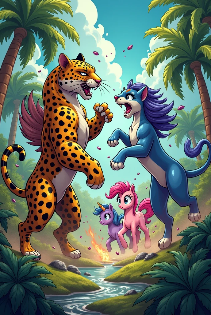 Make a cartoon of a war to the death between jaguars and ponies 
