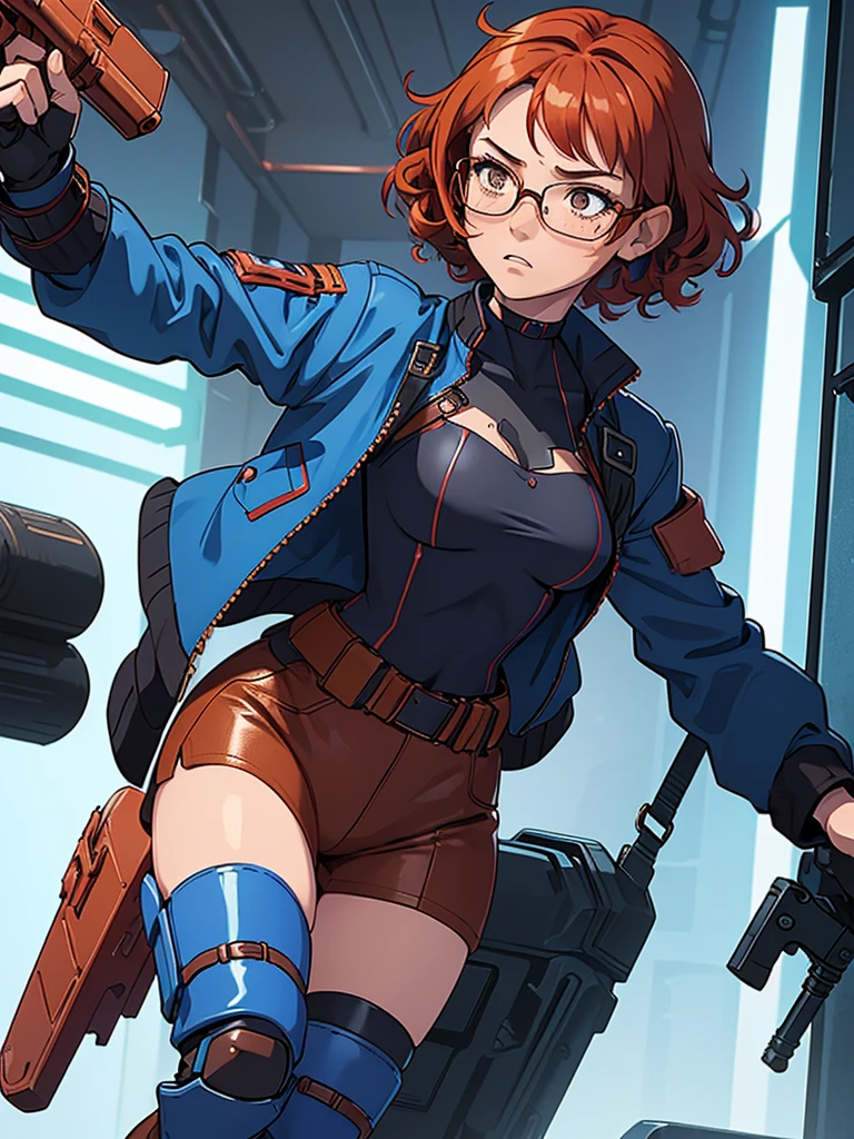 (masterpiece), (best quality), (1girl), (adult), (copper red hair), (curly hair), (short hair), body figure, (small breasts) , (brown eyes), freckles, (blue cyberpunk outfit), (blue jacket),( blue battle outfit),(badass outfit),black shirt, boots, black choker, legs, (white knee guards), gun, glasses