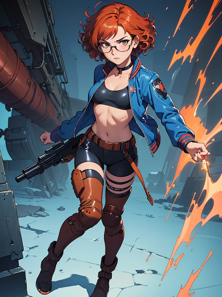 (masterpiece), (best quality), (1girl), (adult), (copper red hair), (curly hair), (short hair), body figure, (small breasts) , (brown eyes), freckles, (blue cyberpunk outfit), (blue jacket),( blue battle outfit),(badass outfit),black shirt, boots, black choker, legs, (white knee guards), gun, glasses