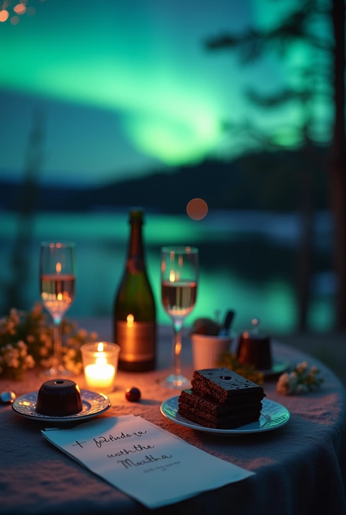 A table with chocolate and a NOTE that says: for MARTHA accompanied by a bottle of champagne, In the background the sky with the northern lights 
