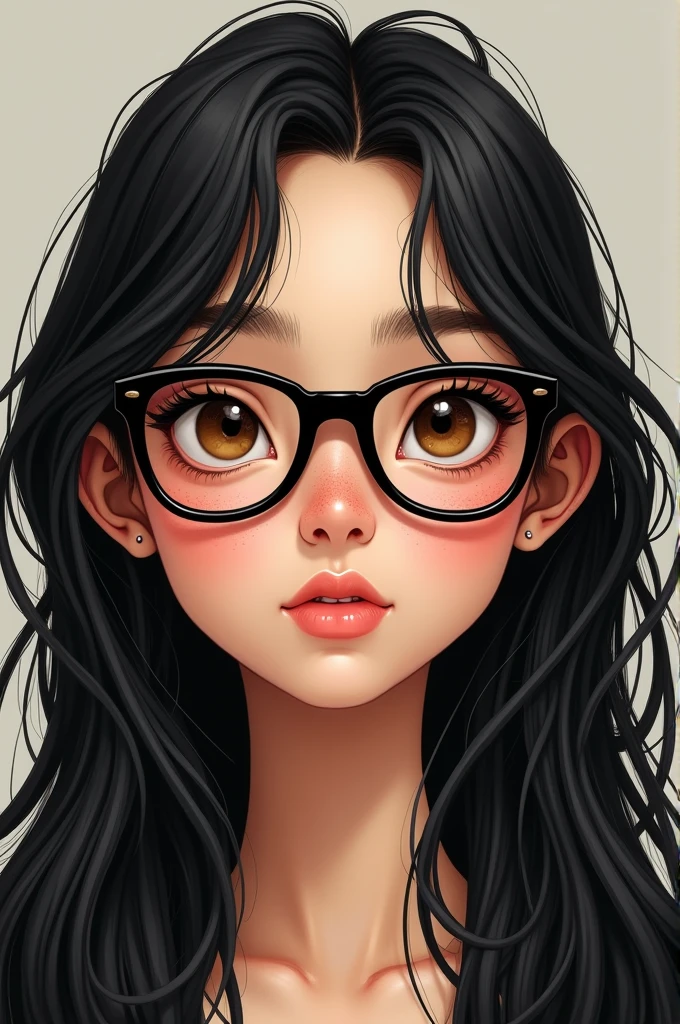 Create a portrait of a 1 teenager, real person, women, latina, with long black hair, long forelock, black reading glasses, hazel eyes, Wide nose, White skin, freckles that are not very noticeable, oval but chubby face, blushed cheeks and nose and a small mole above the lips, small, round, pink lips, long, thin black eyebrows, and long eyelashes