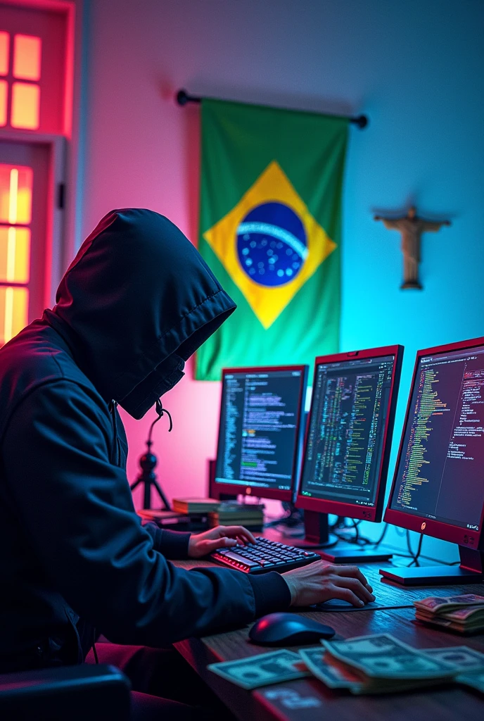 A hacker with 3 monitors and the Brazilian flag above them, add money notes and next to the flag the Christ the Redeemer, and put a bright color, put money notes