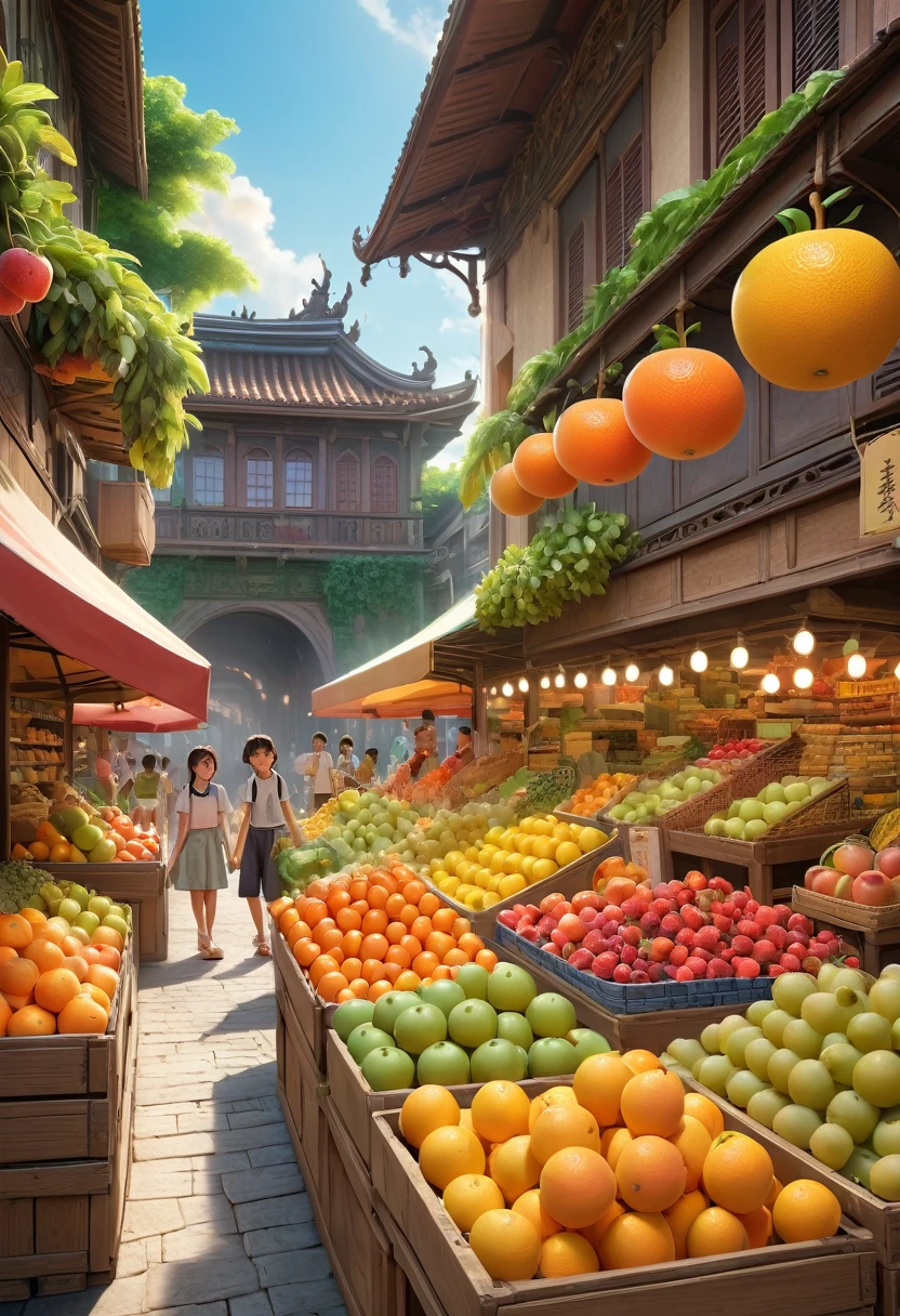 a detailed outdoor fruit market scene in the style of a novel, a large environment with a facade and front view, a young boy and girl shopping, a single location, anime, landscape, horizontal view, colorful, vibrant, hyperrealistic, award-winning, breathtaking, intricate details, natural lighting, ornate architecture, bustling atmosphere, lush vegetation, wooden stalls, fresh produce, warm color palette, dynamic composition, immersive perspective, photorealistic quality, masterpiece