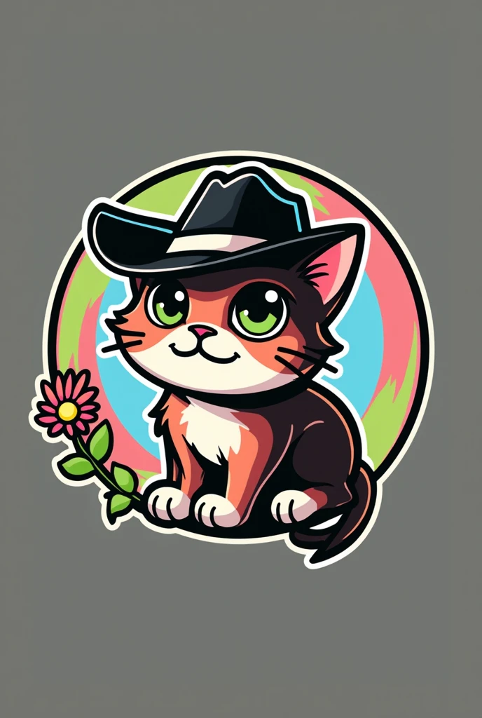 a cartoon style logo of a orange cat wearing a white cowboy hat, all within a circle with the lime green colors, pastel pink and sky blue with the word Kembong in Indonesian typography at the bottom