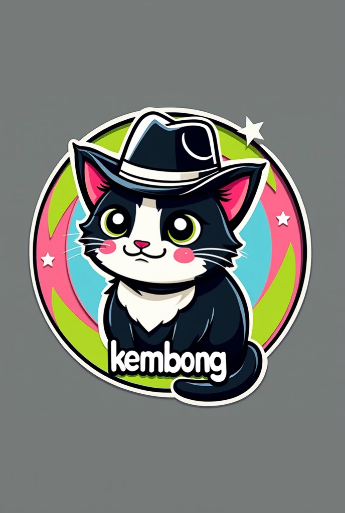 a cartoon style logo of a orange cat wearing a white cowboy hat, all within a circle with the lime green colors, pastel pink and sky blue with the word Kembong in Indonesian typography at the bottom