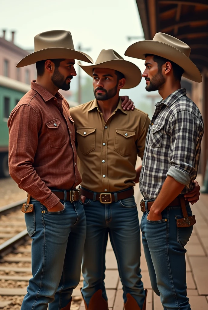 4 handsome men handsome cowboy says goodbye to a cute young 2 handsome friend who is going on a trip on a train at a train stop gay boyfriend of one of the cowboys