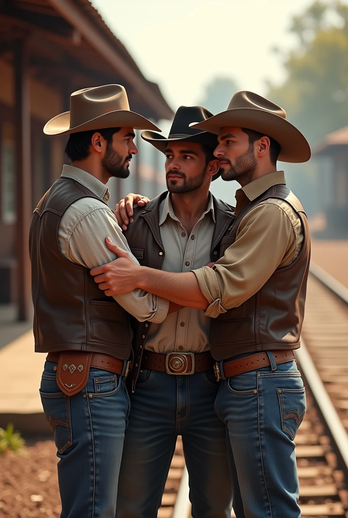 4 handsome men handsome cowboy says goodbye to a cute young 2 handsome friend who is going on a trip on a train at a train stop gay boyfriend of one of the cowboys
