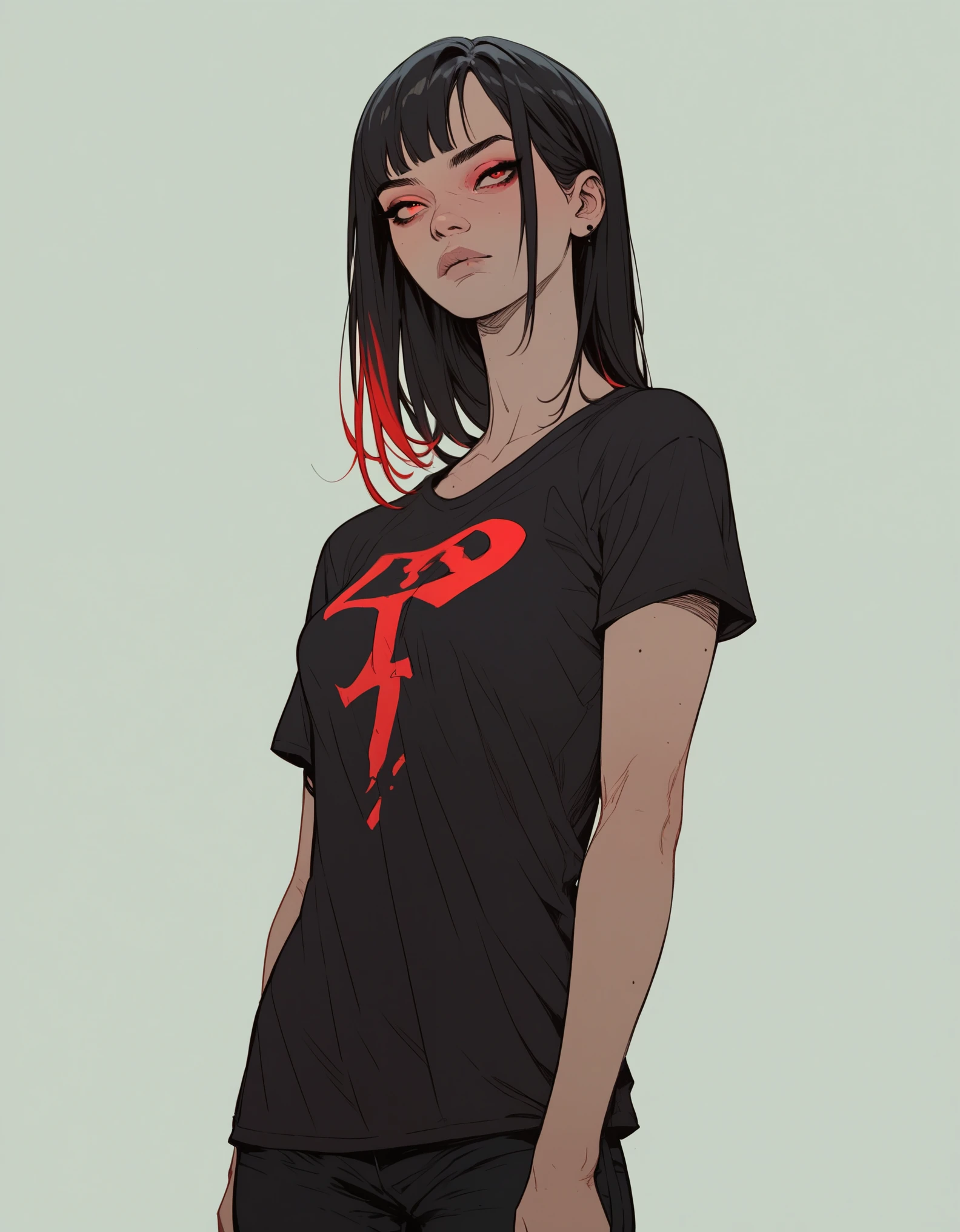 1 girl, fully body, facing the front, Asian, short black t-shirt, black pants, long black hair with red highlights, Eyes red,, background red, film grain, tiro de cowboy estilo sinozick