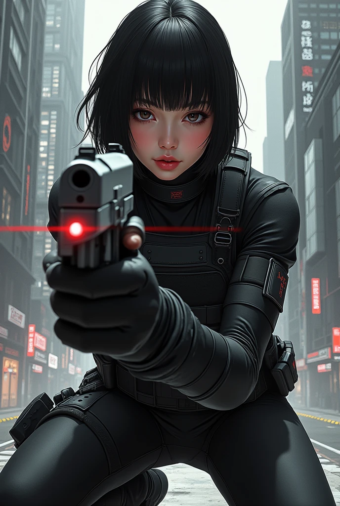 (masterpiece,Distinguished Quality,Mirror-like,Cinematic Experience,insanely detailed,absurdres),8k,wallpaper,,(Best illustrations:2.0),(One Woman:2.0),(Motoko Kusanagi:2.0),(Ghost in the Shell-style worldview:2.0),(Black tactical bodysuit:2.0),(Heavy black bulletproof vest:2.0),(Black gloves:2.0),(Short Bob:2.0),(Beautiful Eyes),(Detailed face),(Detailed female hand drawing:2.0),(sexy:2.0),(He kneels down and aims a pistol at me.:2.0),(Raise your right knee:2.0),(The background is Tokyo, where science and technology have developed.:2.0),(Drawing in monochrome:2.0),(sf:2.0),(A pistol with a laser pointer under the muzzle:2.0),(Point the red laser pointer on your pistol at me:2.0) Syd Mead, Ralph McQ McGuire 