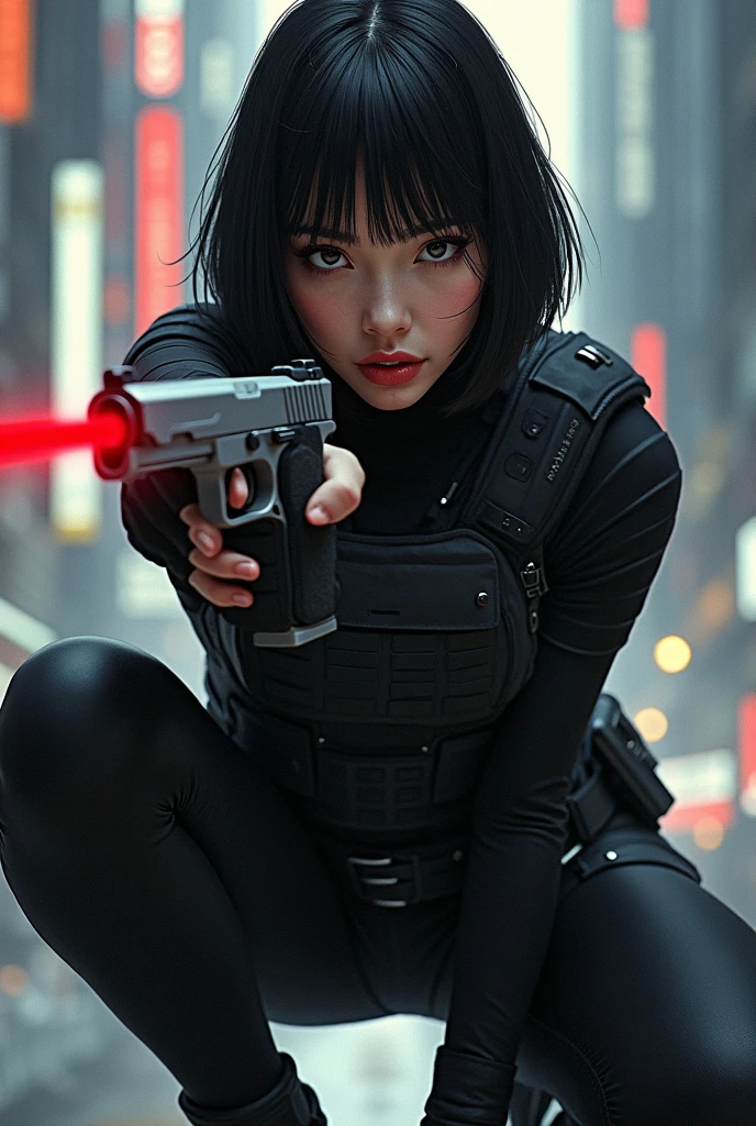 (masterpiece,Distinguished Quality,Mirror-like,Cinematic Experience,insanely detailed,absurdres),8k,wallpaper,,(Best illustrations:2.0),(One Woman:2.0),(Motoko Kusanagi:2.0),(Ghost in the Shell-style worldview:2.0),(Black tactical bodysuit:2.0),(Heavy black bulletproof vest:2.0),(Black gloves:2.0),(Short Bob:2.0),(Beautiful Eyes),(Detailed face),(Detailed female hand drawing:2.0),(sexy:2.0),(He kneels down and aims a pistol at me.:2.0),(Raise your right knee:2.0),(The background is Tokyo, where science and technology have developed.:2.0),(Drawing in monochrome:2.0),(sf:2.0),(A pistol with a laser pointer under the muzzle:2.0),(Point the red laser pointer on your pistol at me:2.0) Syd Mead, Ralph McQ McGuire 