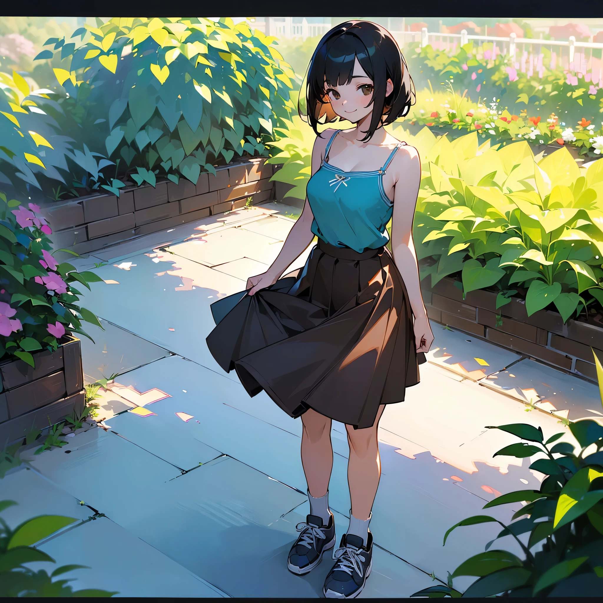 (high quality, High resolution, Very detailed, reality:1.37), Peaceful atmosphere, (Outdoor, garden), Teenage girl standing alone, (my breasts are big.), Beautiful details, Cute Smile, (Black bob hair), camisole, Brown Skirt, Blue socks, sneakers.