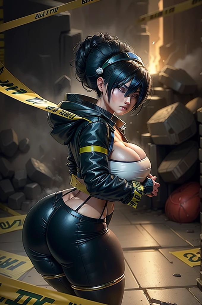 Ultra detailed ,beautiful , delicada ,Toph beifong , girl ,japonese girl ,1girl , flat chest , green clothes , Black hair, blind ,angry face ,harem, police woman, large breasts, , white jacket, (beltbra:1.2),(caution tape:1.3), deep skin, skindentation, BREAK city, alleyway, red_and_blue_lights, (police_car:1.2), siren, crime_scene, night, dark theme, ty), (clouds), add_detail:1, hair over eyes, hair over one eye, gigantic boobs, tits, hyper largest_breasts!! with the type of boobs_melons, wide hips, huge ass, thick legs
